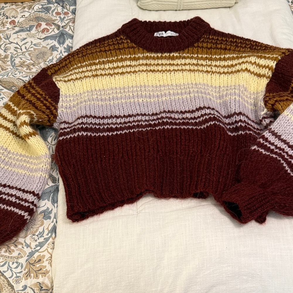 NWOT Zara Burgundy and Yellow Striped Sweater